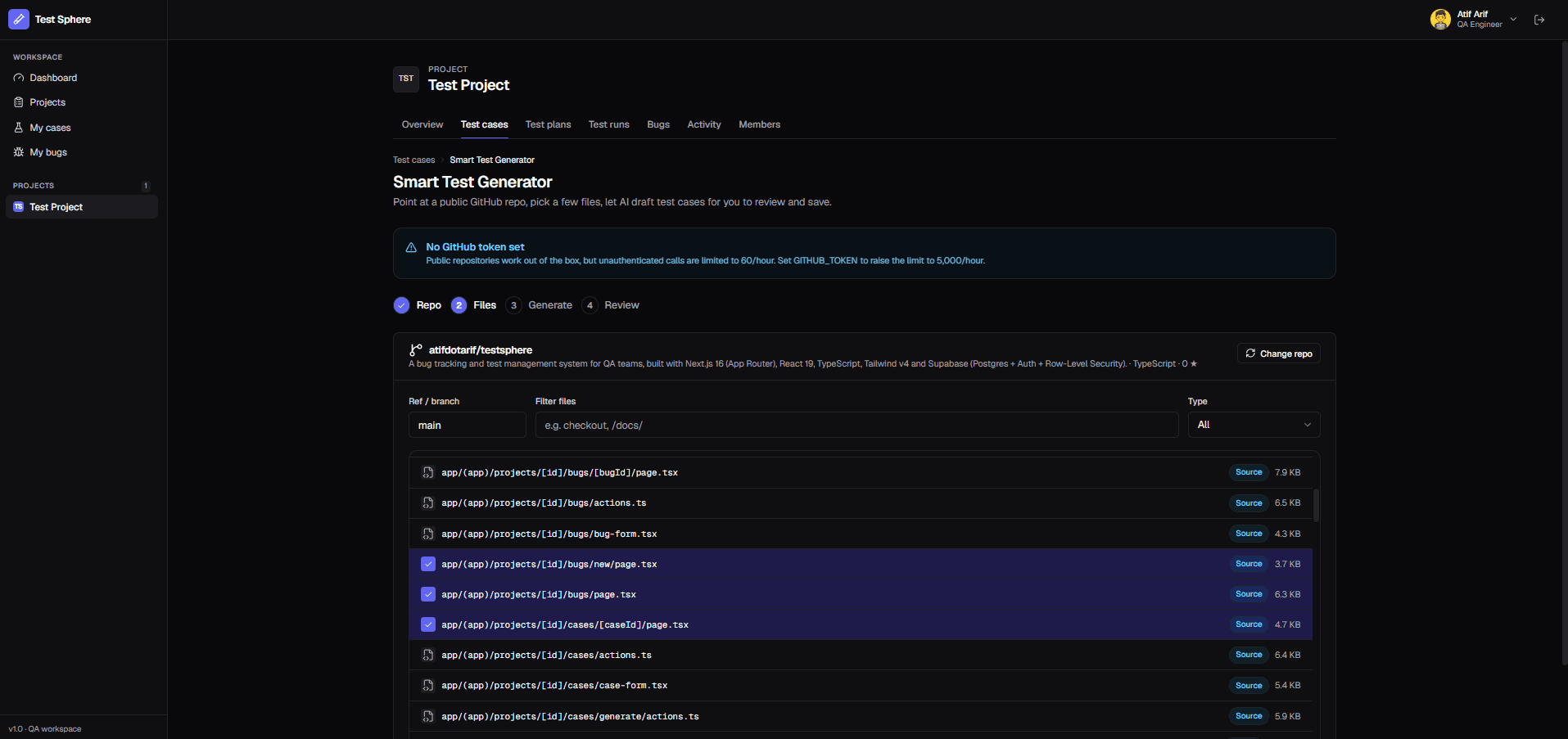 TestSphere landing page showing reusable test cases, execution sessions, linked bug tracking, and project roles